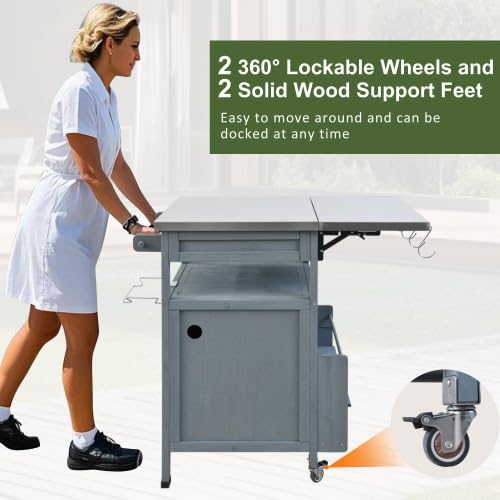 Outdoor Grill Cart with Stainless Steel Top, 40.5”Solid Wood BBQ Prep Table for Pizza Oven, Mobile Outdoor Kitchen Island with Drop Leaf, Storage Cabinet, Towel Rack & Spice Holder for Patio