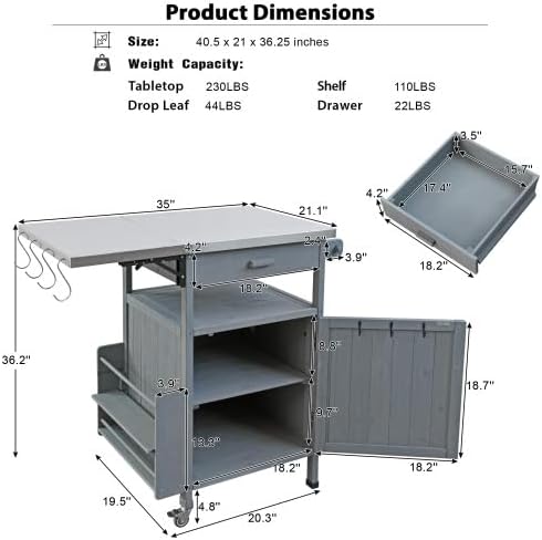 Outdoor Grill Cart with Stainless Steel Top, 40.5”Solid Wood BBQ Prep Table for Pizza Oven, Mobile Outdoor Kitchen Island with Drop Leaf, Storage Cabinet, Towel Rack & Spice Holder for Patio