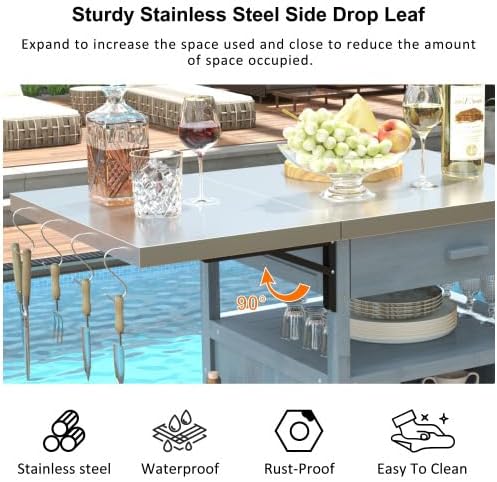 Outdoor Grill Cart with Stainless Steel Top, 40.5”Solid Wood BBQ Prep Table for Pizza Oven, Mobile Outdoor Kitchen Island with Drop Leaf, Storage Cabinet, Towel Rack & Spice Holder for Patio