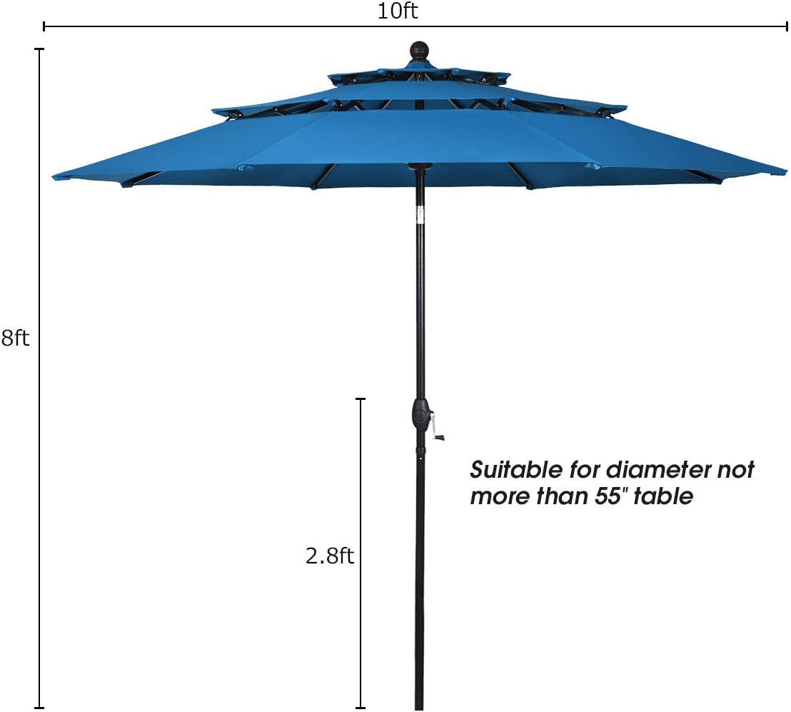 Tangkula 10 Ft 3 Tier Patio Umbrella, Outdoor Aluminum Double Vented Tilt Umbrella with Crank, for Market, Backyard, Poolside, Garden (Blue)