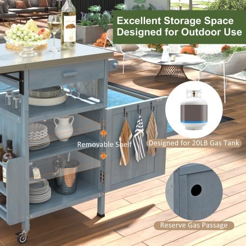 Outdoor Grill Cart with Stainless Steel Top, 40.5”Solid Wood BBQ Prep Table for Pizza Oven, Mobile Outdoor Kitchen Island with Drop Leaf, Storage Cabinet, Towel Rack & Spice Holder for Patio
