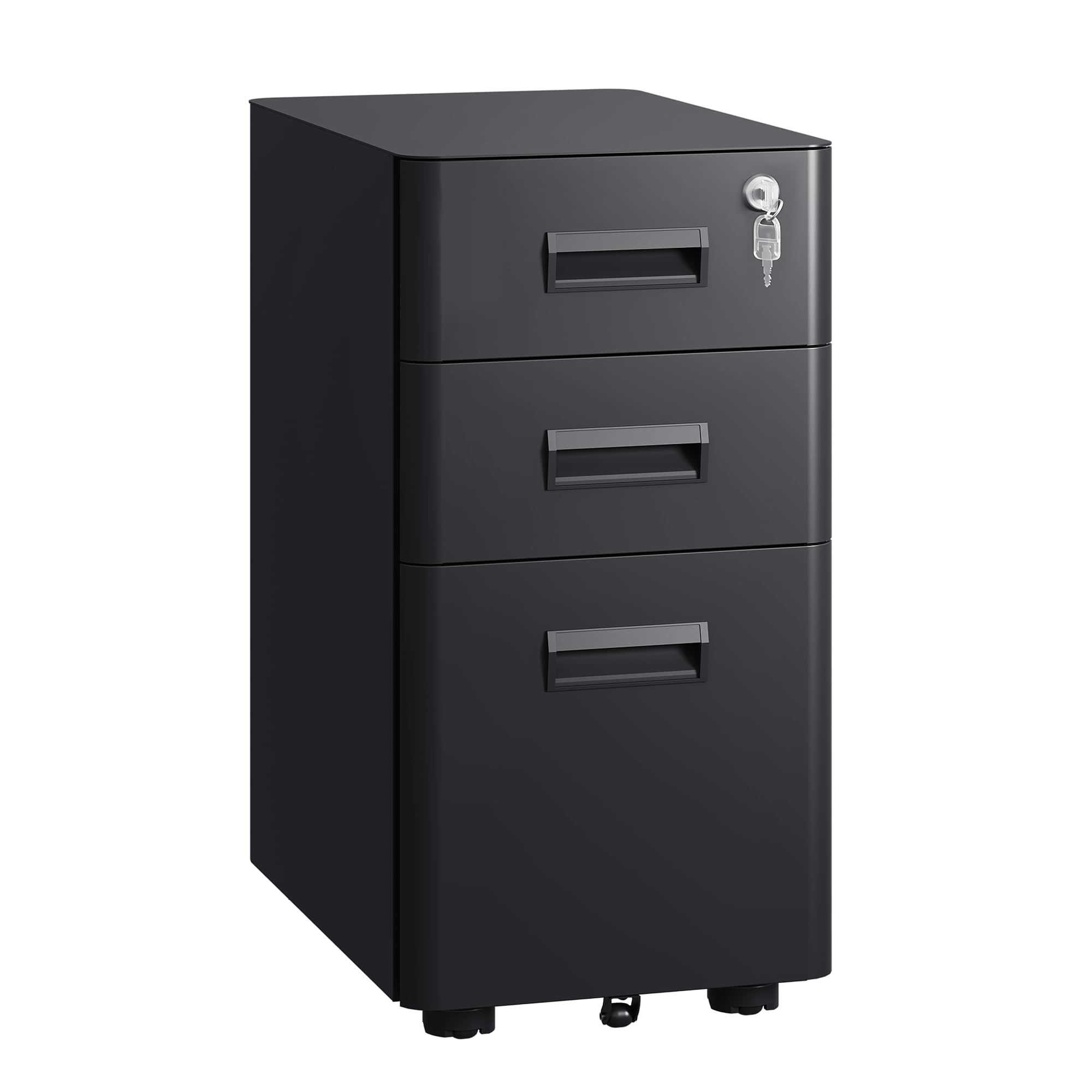 DEVAISE 3 Drawer File Cabinet, Slim Metal Filing Cabinet with Lock, Under Desk Storage Cabinet for Letters/Legal/A4, Fully Assembled Except Casters - White