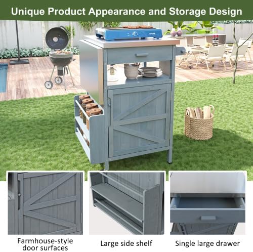 Outdoor Grill Cart with Stainless Steel Top, 40.5”Solid Wood BBQ Prep Table for Pizza Oven, Mobile Outdoor Kitchen Island with Drop Leaf, Storage Cabinet, Towel Rack & Spice Holder for Patio