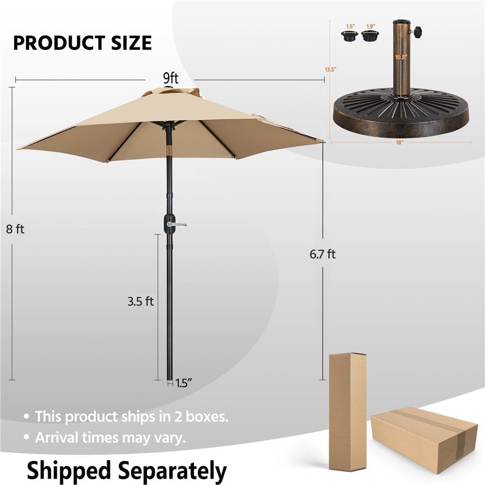 Yaheetech 9FT Patio Umbrella Outdoor with Heavy Duty Base Included,Table Umbrella with Push Button Tilt and Crank, UV Protection Waterproof for Yard/Outdoor/Wedding Parties and Events - Tan