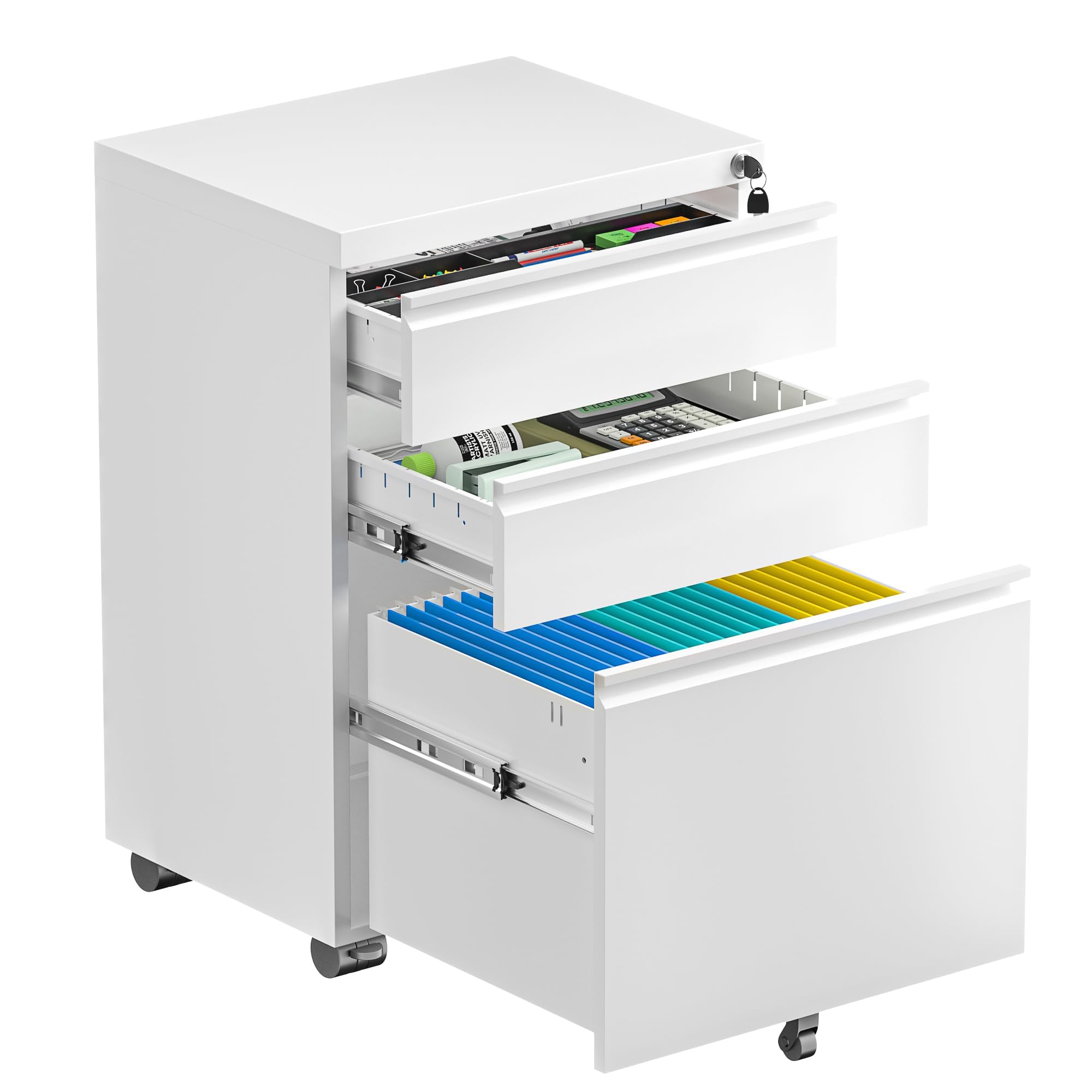 Bonusall 【Fully Assembled 3 Drawer White File Cabinet, Fully Assembled Metal Rolling Filing Cabinet with Lock, Under Desk Drawer Filing Cabinets for Home Office Fit A4/Letter/Legal