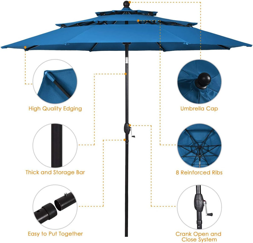Tangkula 10 Ft 3 Tier Patio Umbrella, Outdoor Aluminum Double Vented Tilt Umbrella with Crank, for Market, Backyard, Poolside, Garden (Blue)