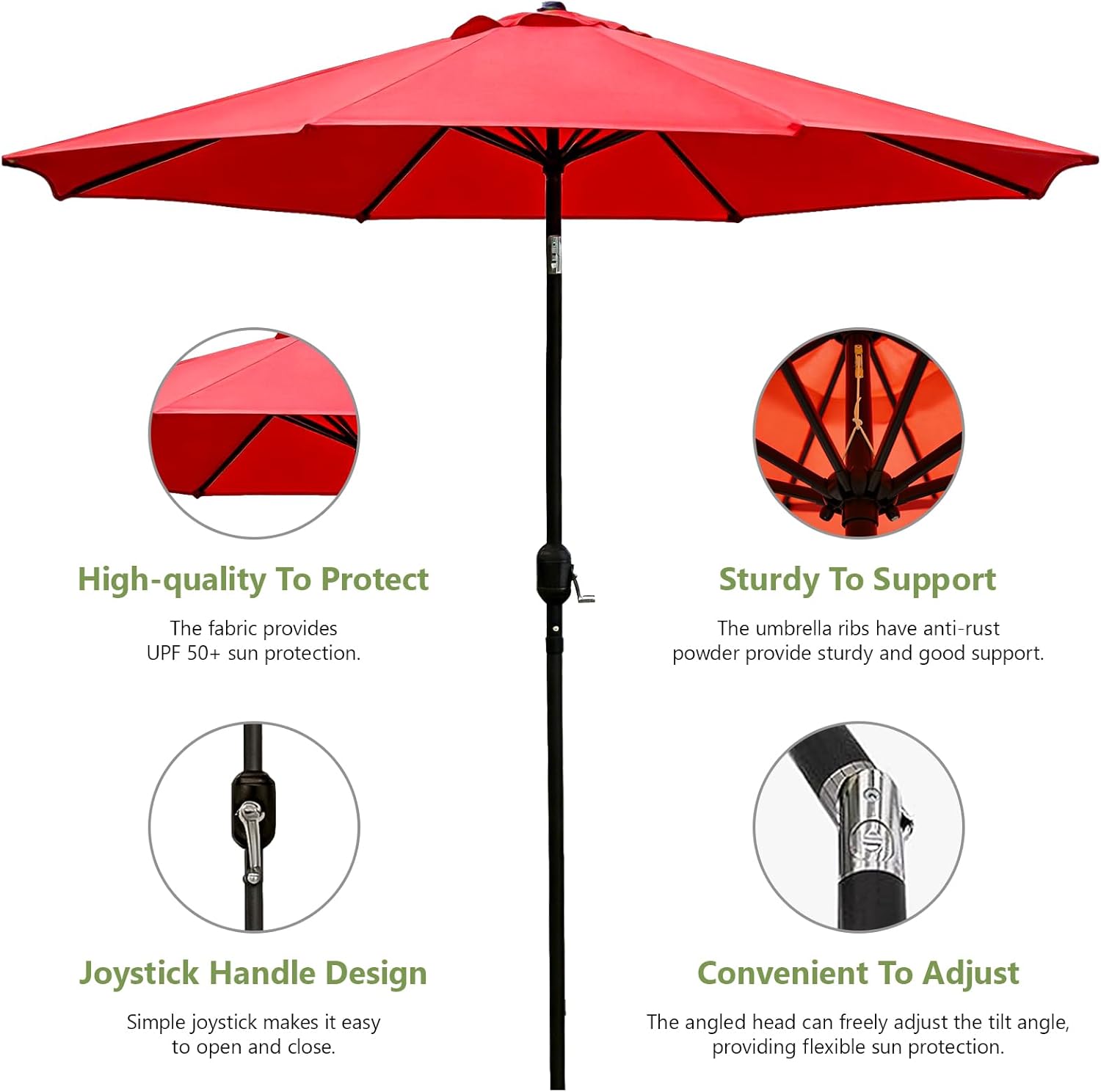 9FT Patio Umbrella - Wind Resistant Outdoor Market Umbrella with Waterproof 180G PG Fabric, UPF 50+ Sun Protection, Heavy Duty Aluminum Pole for Garden, Beach, Deck, Backyard, Red