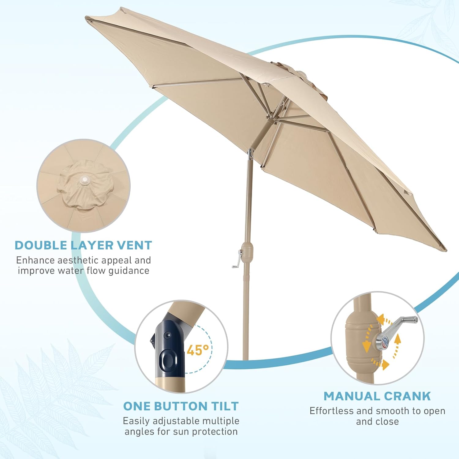 Aoodor 9 Ft Patio Market Umbrella, Outdoor Table UV Protection Umbrella with 8 Sturdy Steel Ribs, Push Button Tilt and Crank for Garden, Deck, Backyard, Poolside