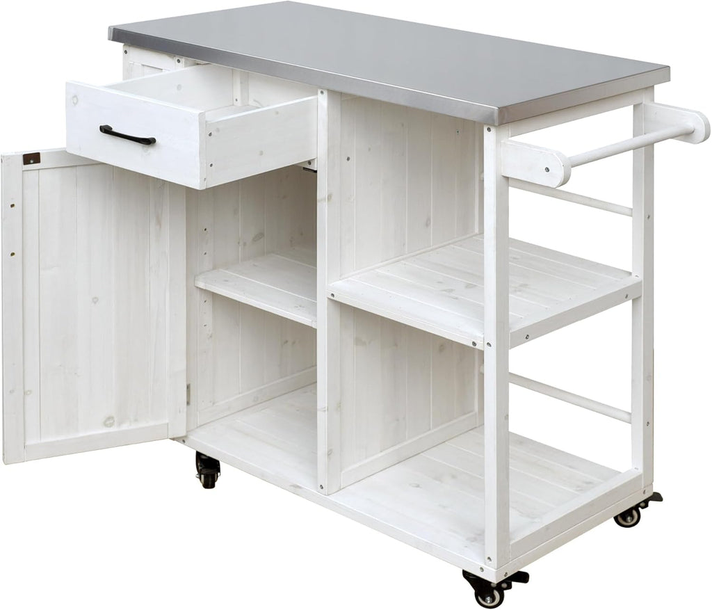 RuiSiSi Outdoor Kitchen Island with Stainless Steel Top, Rolling Grill Cart with Storage Cabinet, Drawer, Spice Rack & Towel Holder, Solid Wood BBQ Prep Table for Patio Backyard, Gray