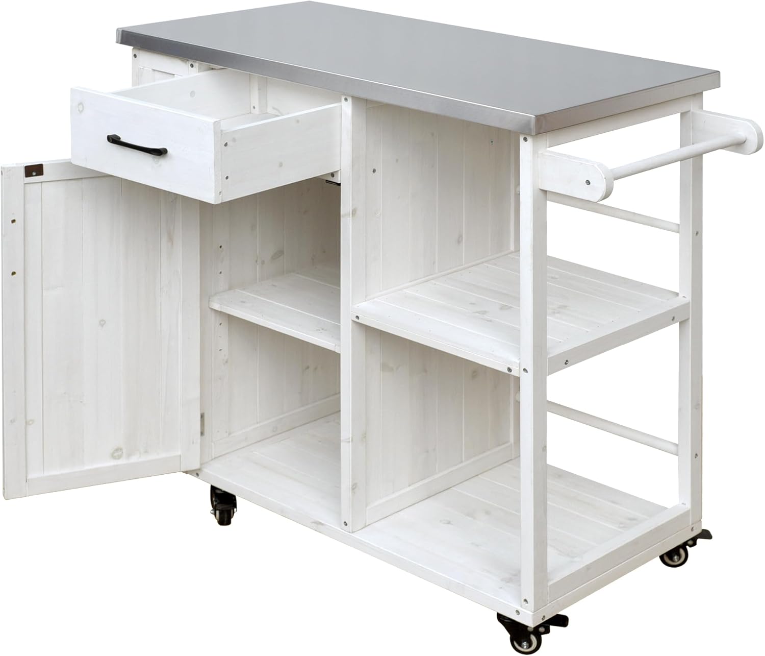RuiSiSi Outdoor Kitchen Island with Stainless Steel Top, Rolling Grill Cart with Storage Cabinet, Drawer, Spice Rack & Towel Holder, Solid Wood BBQ Prep Table for Patio Backyard, Gray