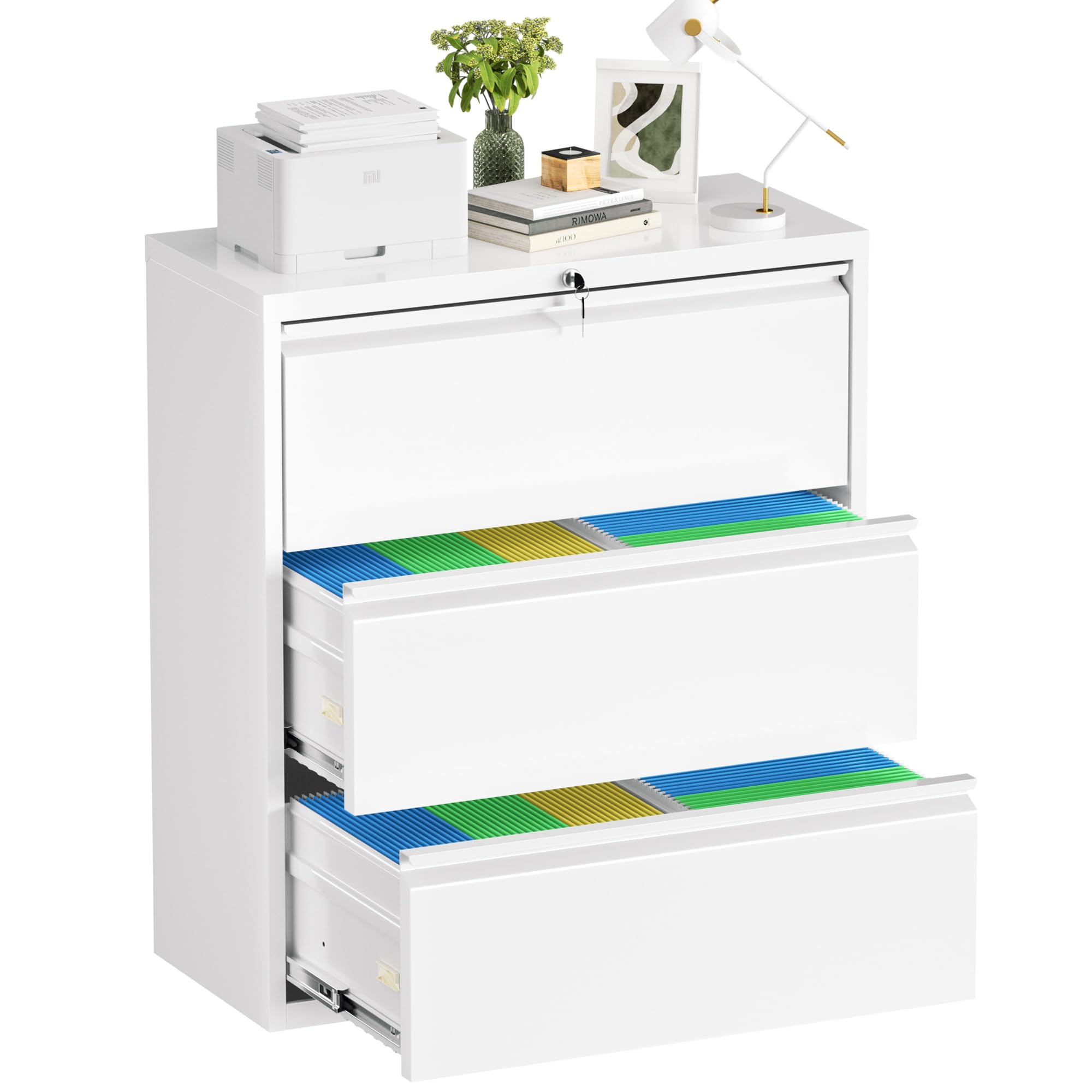 Bonusall 【Fully Assembled 3 Drawer White File Cabinet, Fully Assembled Metal Rolling Filing Cabinet with Lock, Under Desk Drawer Filing Cabinets for Home Office Fit A4/Letter/Legal