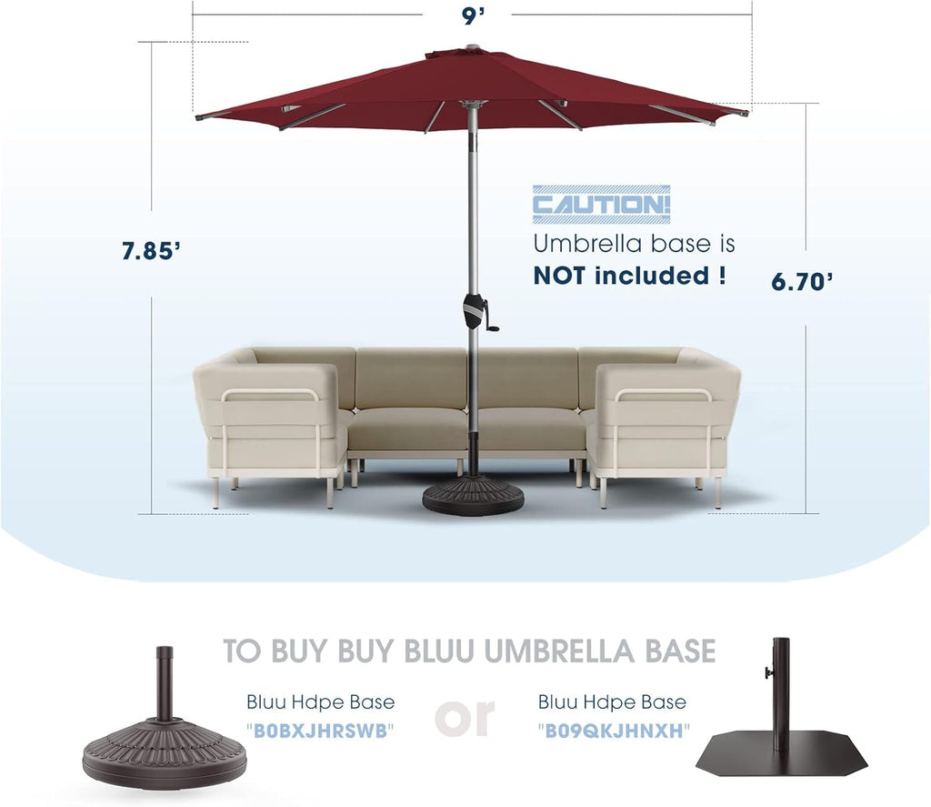 BLUU 9 FT Aluminum Outdoor Patio Umbrella, 5-YEAR Fade-Resistant Outdoor Market Table Umbrella with Push Button Tilt, for Pool, Deck, Garden and Lawn (Burgundy)