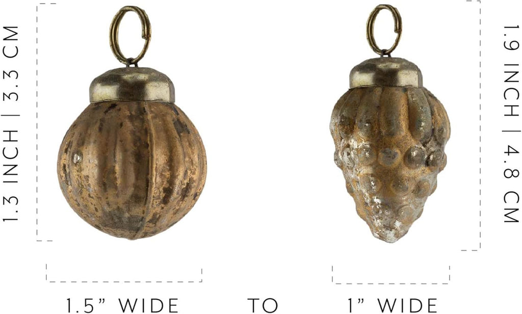 AuldHome Design Mercury Glass Finial Ornaments (Set of 12, Gold, Small) Distressed Metal Antique Style Christmas Tree Decorations - 1.3 to 2-Inch Size