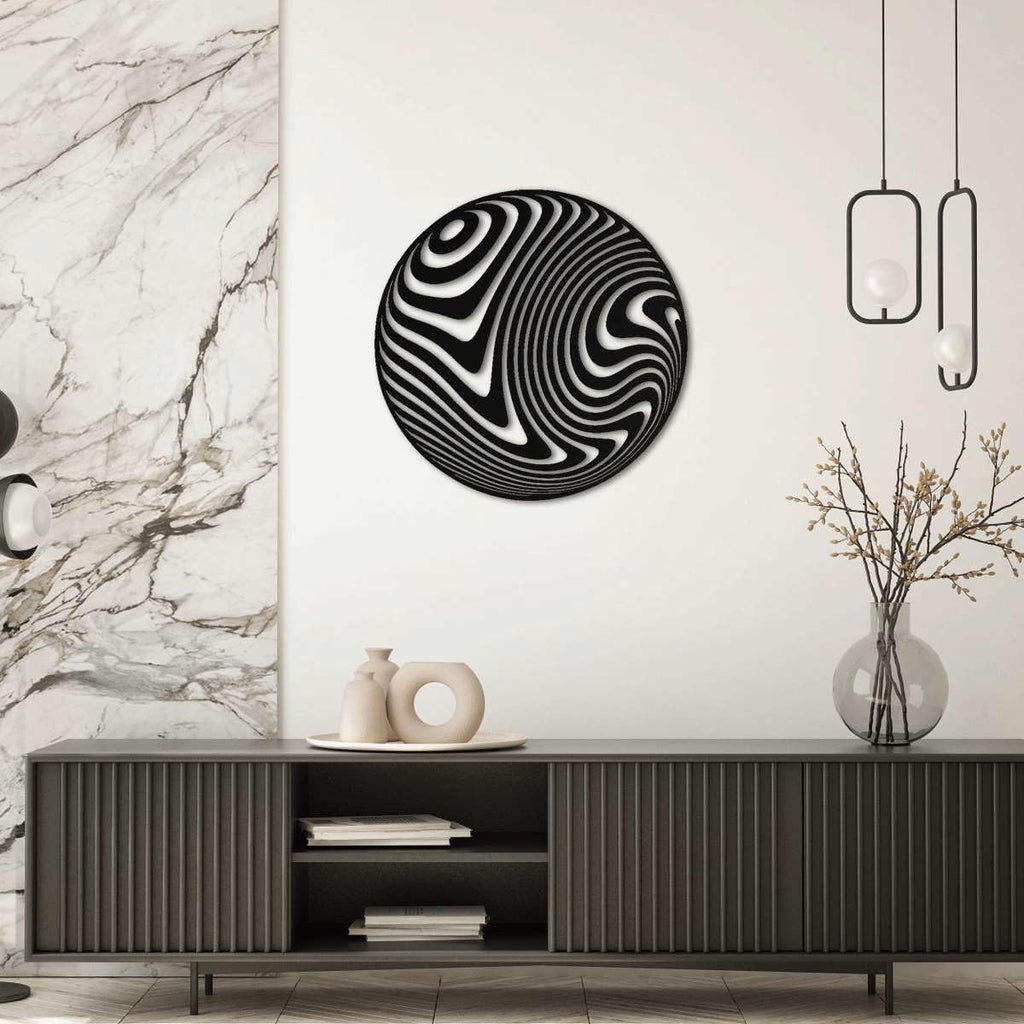 Abstract Optical Illusion Sphere Metal Wall Art Metal Outdoor Decor Metal Signs Modern Minimalist Aesthetic Wall Decor Stunning Geometric Home Decoration for Living Room Office Bedroom (Black,16inch)