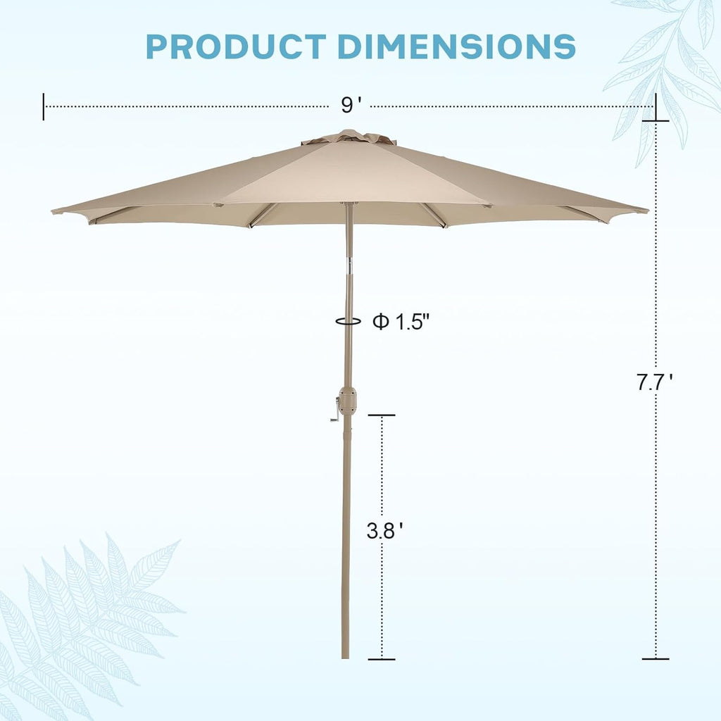 Aoodor 9 Ft Patio Market Umbrella, Outdoor Table UV Protection Umbrella with 8 Sturdy Steel Ribs, Push Button Tilt and Crank for Garden, Deck, Backyard, Poolside