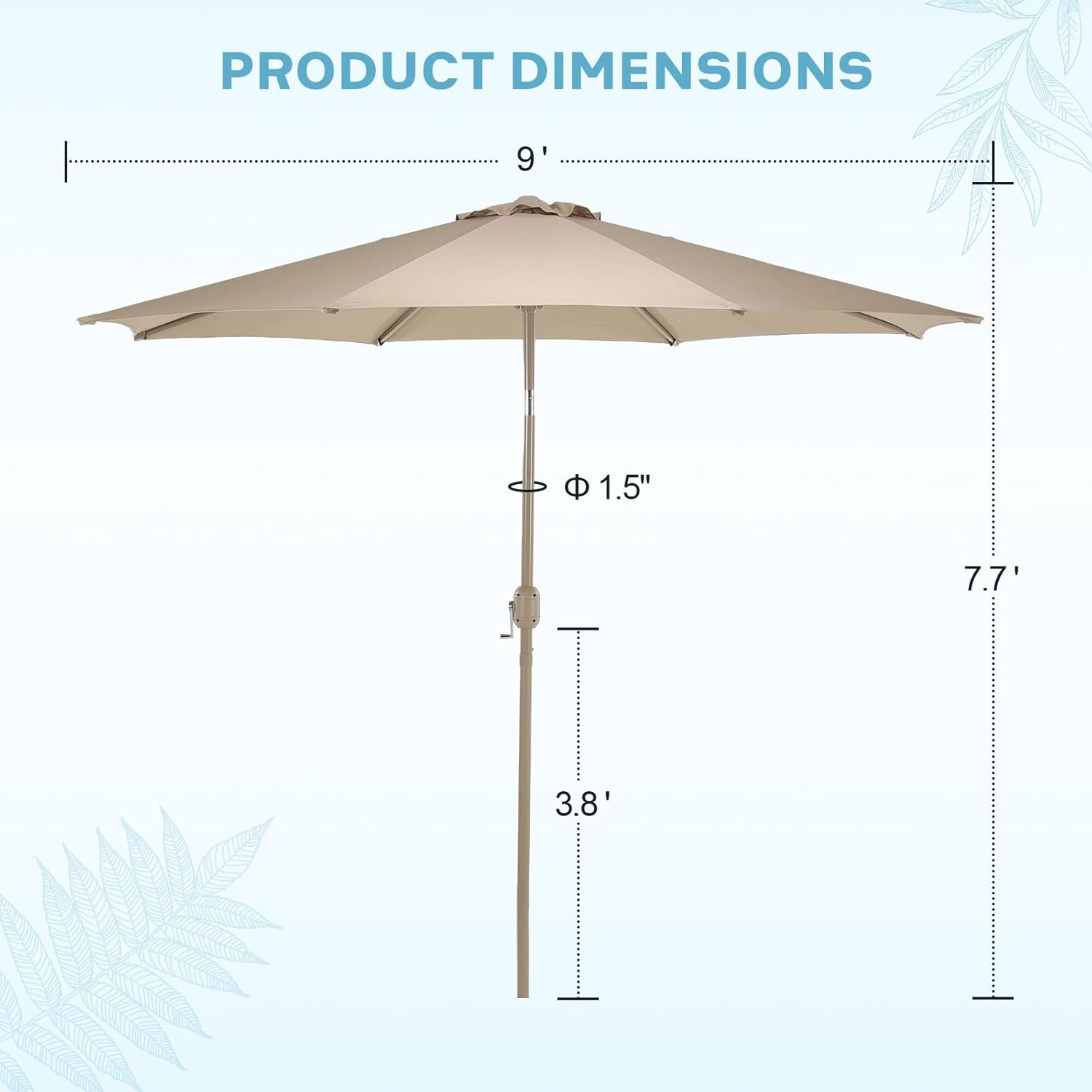 Aoodor 9 Ft Patio Market Umbrella, Outdoor Table UV Protection Umbrella with 8 Sturdy Steel Ribs, Push Button Tilt and Crank for Garden, Deck, Backyard, Poolside