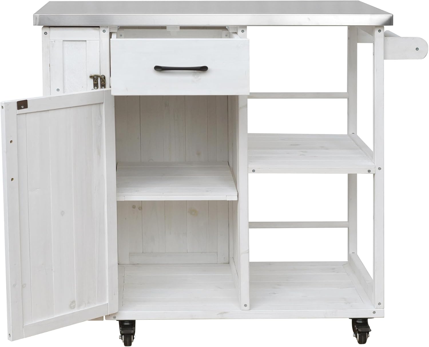 RuiSiSi Outdoor Kitchen Island with Stainless Steel Top, Rolling Grill Cart with Storage Cabinet, Drawer, Spice Rack & Towel Holder, Solid Wood BBQ Prep Table for Patio Backyard, Gray