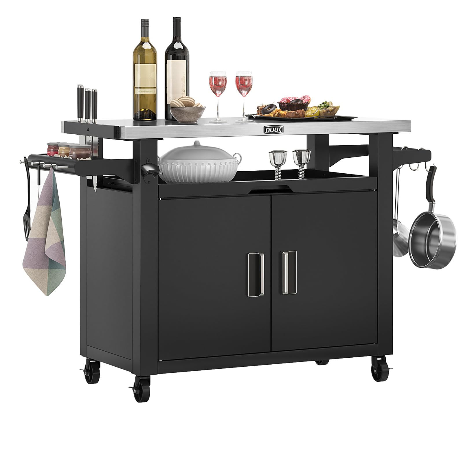 NUUK Grill Table with Storage Cabinet, Outdoor Bar Cart Pizza Oven Table with Wheels, Stainless Steel Top Kitchen Island 20" x 30" Rolling Prep Station for Indoor, BBQ, Deck, Backyard