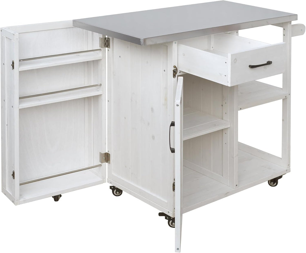 RuiSiSi Outdoor Kitchen Island with Stainless Steel Top, Rolling Grill Cart with Storage Cabinet, Drawer, Spice Rack & Towel Holder, Solid Wood BBQ Prep Table for Patio Backyard, Gray