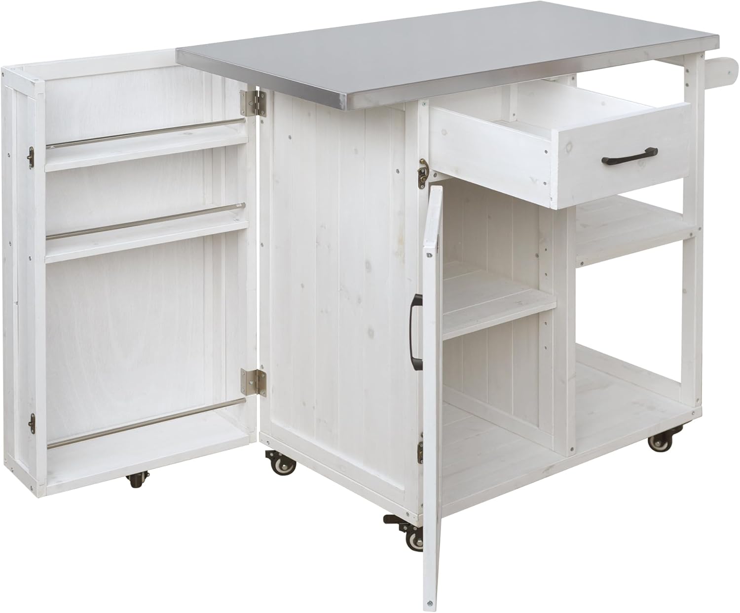 RuiSiSi Outdoor Kitchen Island with Stainless Steel Top, Rolling Grill Cart with Storage Cabinet, Drawer, Spice Rack & Towel Holder, Solid Wood BBQ Prep Table for Patio Backyard, Gray