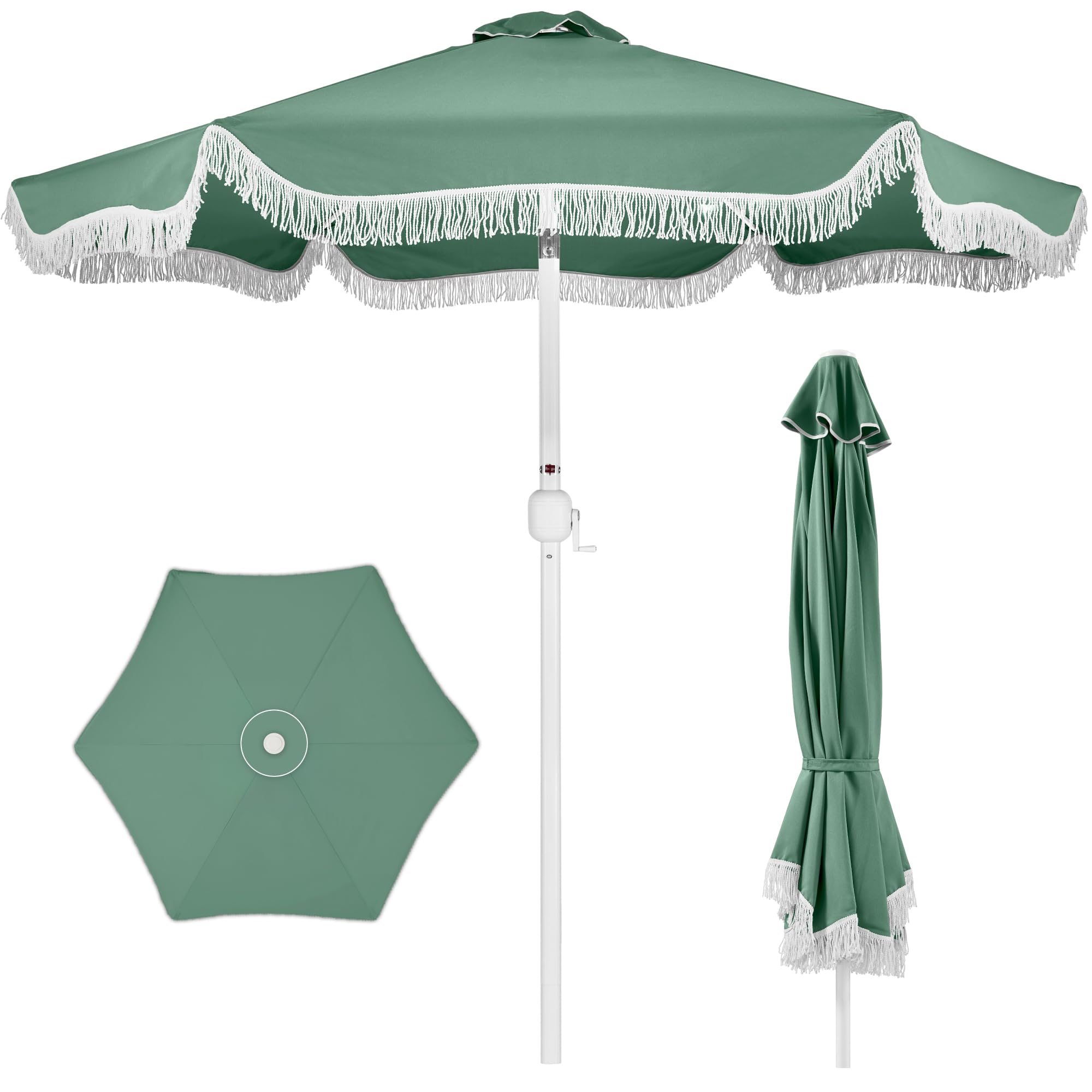 Best Choice Products 9ft Fringe Market Patio Umbrella – Outdoor Boho Tassel Sunshade for Table, Pool, Deck, Backyard – UPF50+, Easy Tilt, Heavy Duty Steel Pole & Ribs - Navy Pinstripe