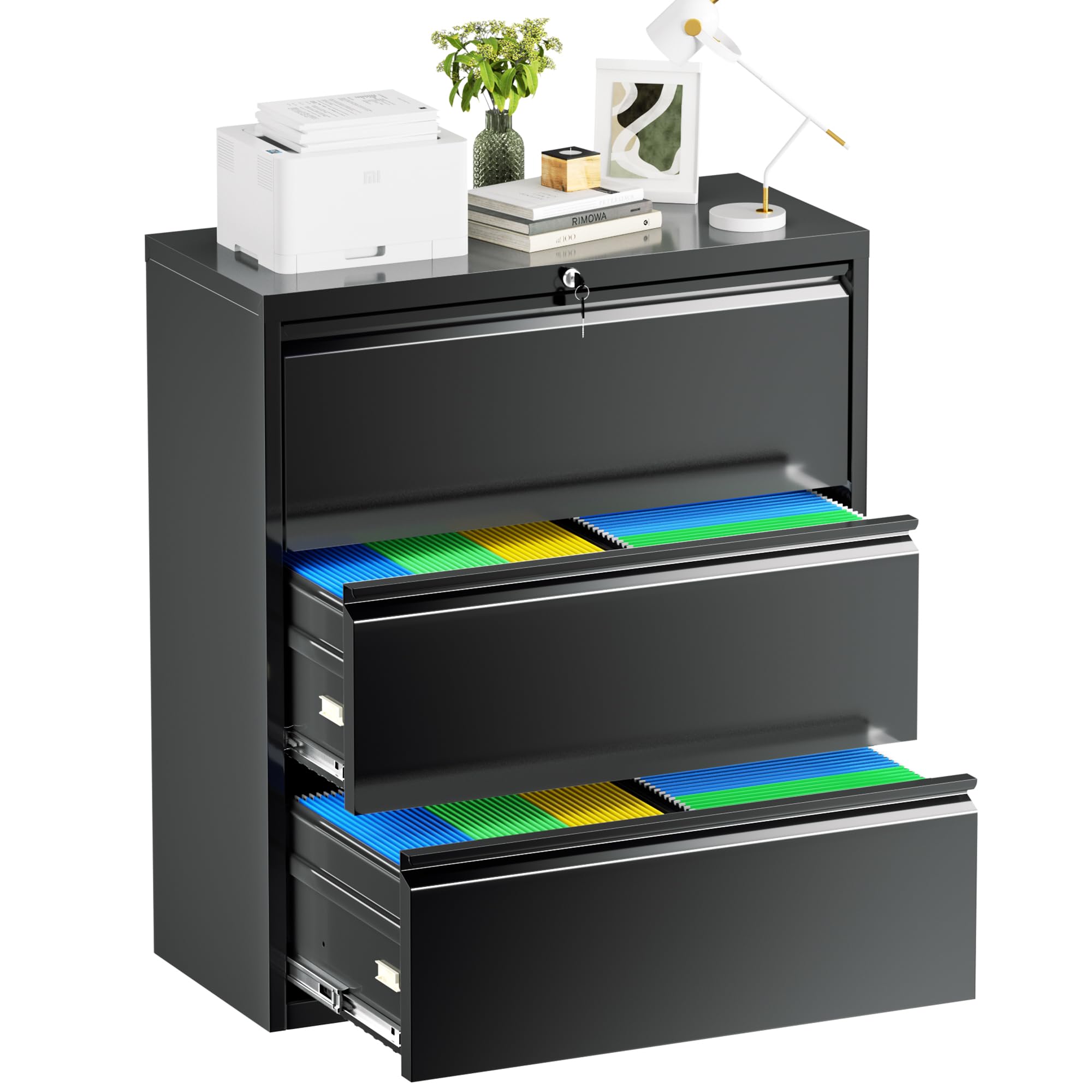 Bonusall 【Fully Assembled 3 Drawer White File Cabinet, Fully Assembled Metal Rolling Filing Cabinet with Lock, Under Desk Drawer Filing Cabinets for Home Office Fit A4/Letter/Legal