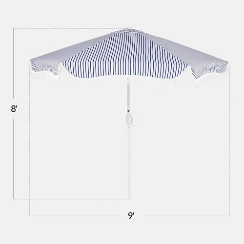 Best Choice Products 9ft Fringe Market Patio Umbrella – Outdoor Boho Tassel Sunshade for Table, Pool, Deck, Backyard – UPF50+, Easy Tilt, Heavy Duty Steel Pole & Ribs - Navy Pinstripe