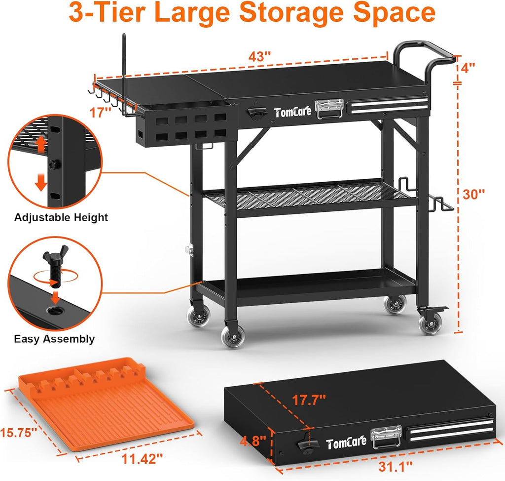 TomCare Grill Table with 3-Tier Storage Shelves Lockable Wheels Grill Cart with Silicone Grill Mat Heavy Duty Outdoor Tabletop Griddle Stand Holds 500Lbs Fits 22” Blackstone Ninja Cuisinart BBQ Grill