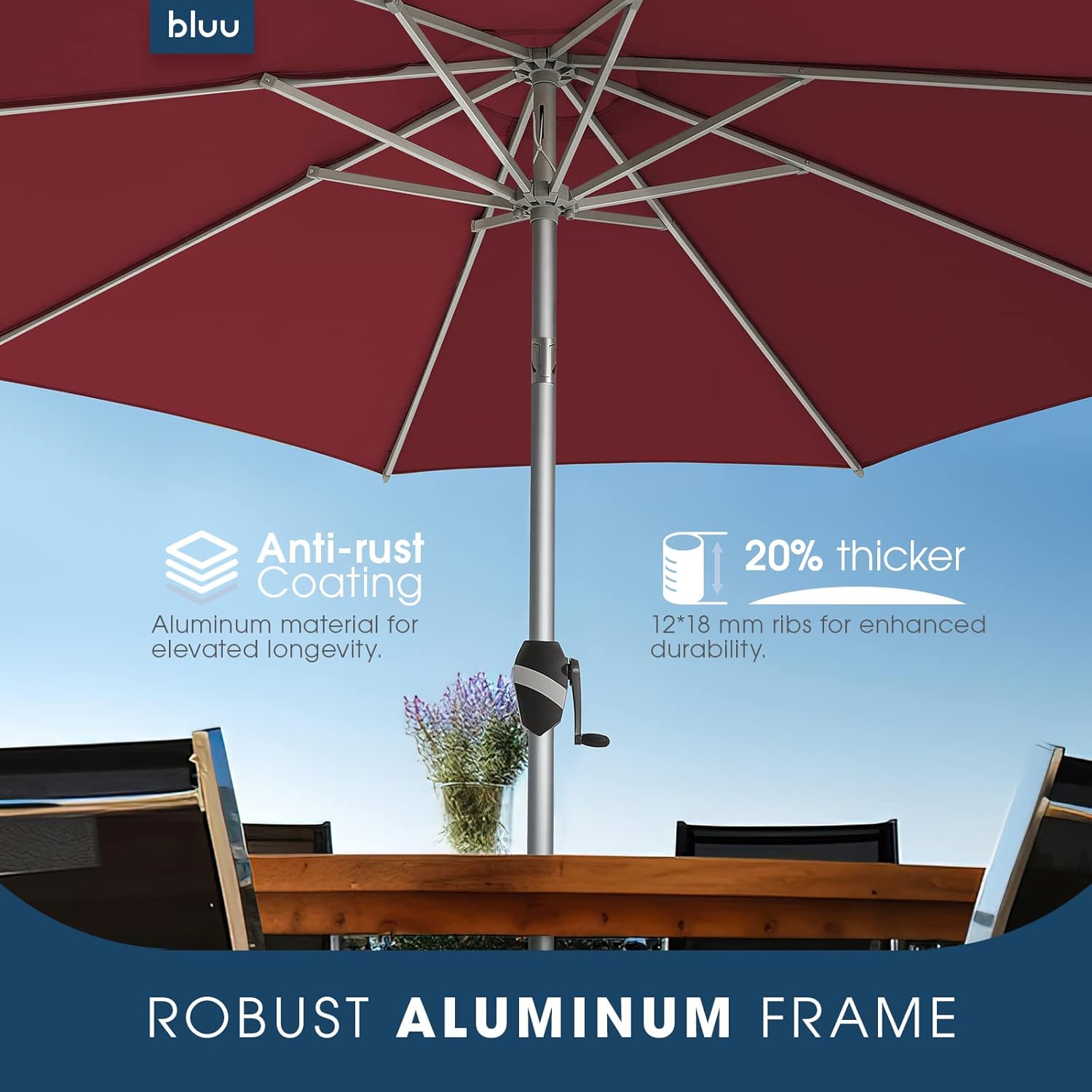 BLUU 9 FT Aluminum Outdoor Patio Umbrella, 5-YEAR Fade-Resistant Outdoor Market Table Umbrella with Push Button Tilt, for Pool, Deck, Garden and Lawn (Burgundy)