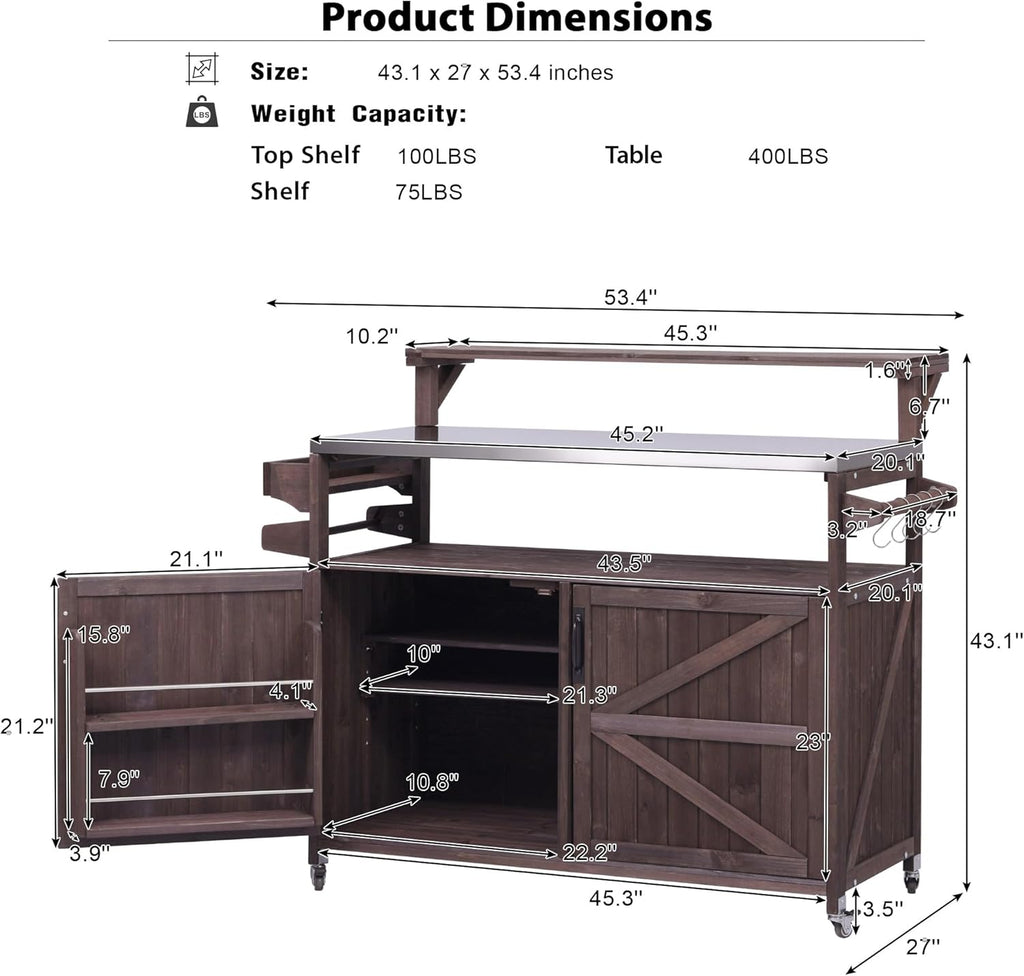 Merax 53.3" Outdoor Kitchen Island with Raised Shelf, Solid Wood Storage Cabinet with Stainless Steel Top, Rolling Grill Cart, Adjustable Shelf, Brown