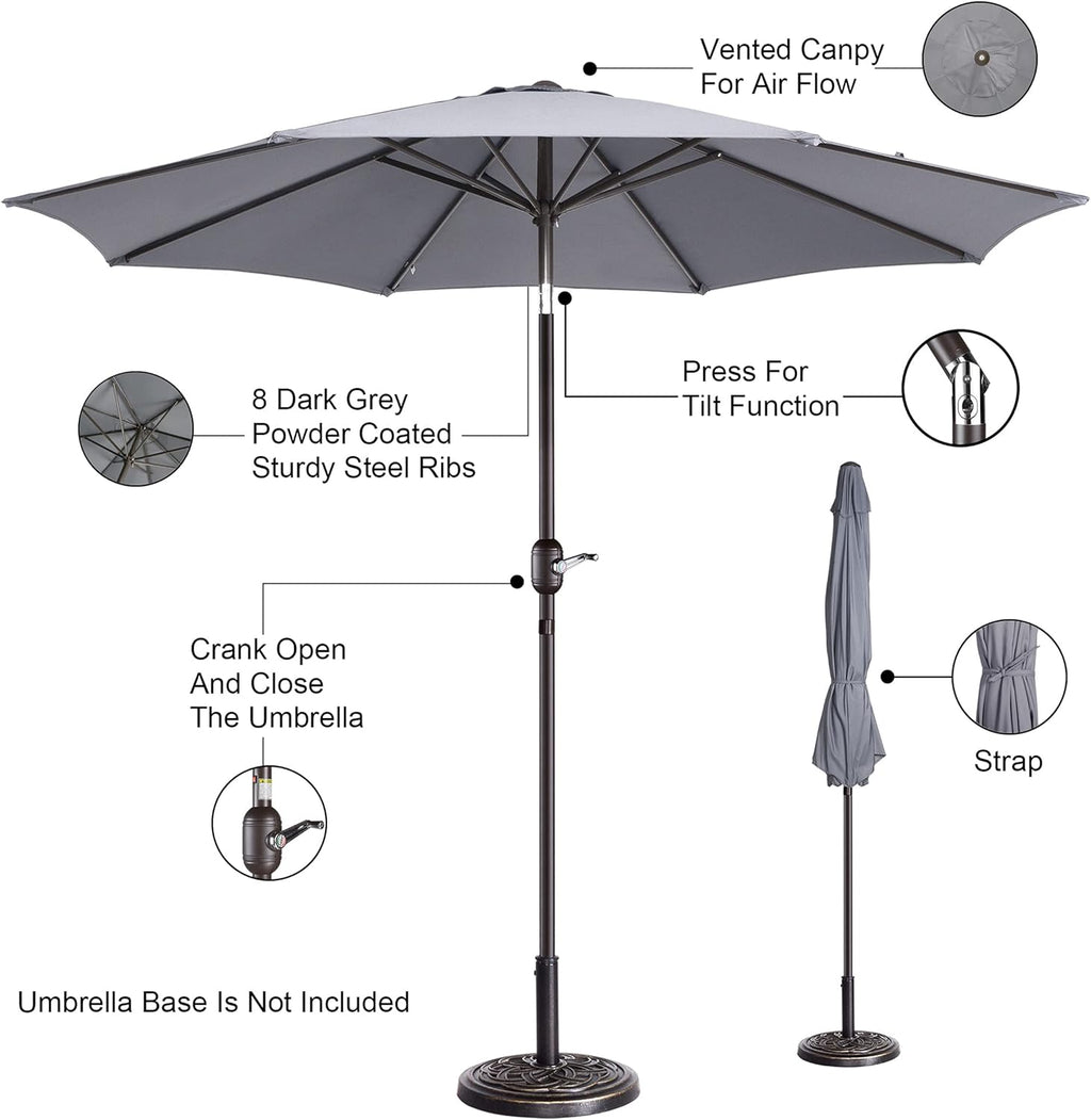 Pure Garden 9' Outdoor Patio Umbrella with 8 Ribs, Aluminum Pole and Push Button Tilt, Fade Resistant Market Umbrella (Gray)