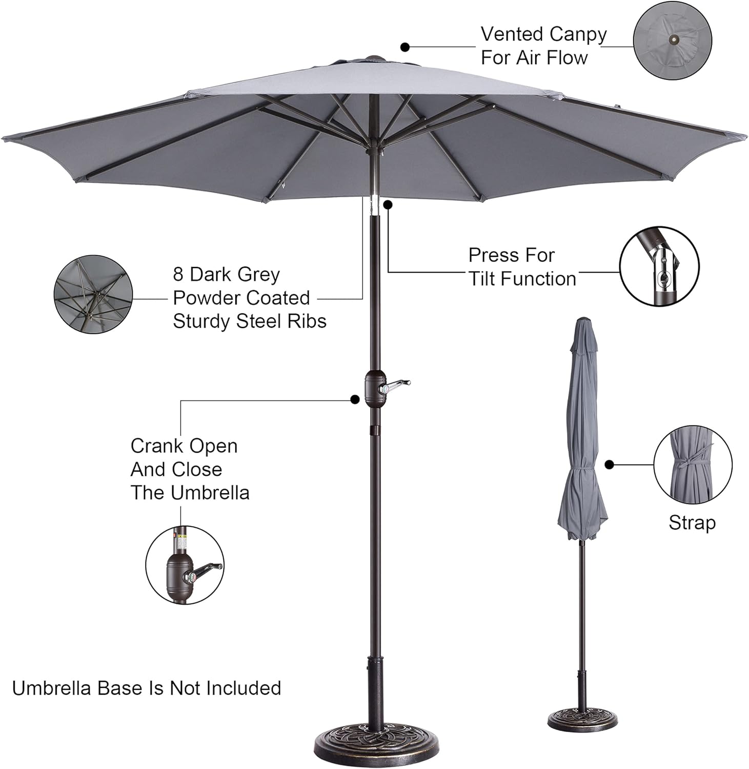 Pure Garden 9' Outdoor Patio Umbrella with 8 Ribs, Aluminum Pole and Push Button Tilt, Fade Resistant Market Umbrella (Gray)