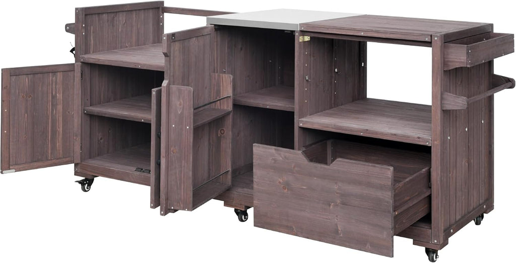 Outdoor Grill Table with Stainless Steel Top, Solid Wood Outdoor Kitchen Island with Drawer for Big Green Egg, Rolling Kitchen Cart for Blackstone Griddle (Dark Brown)
