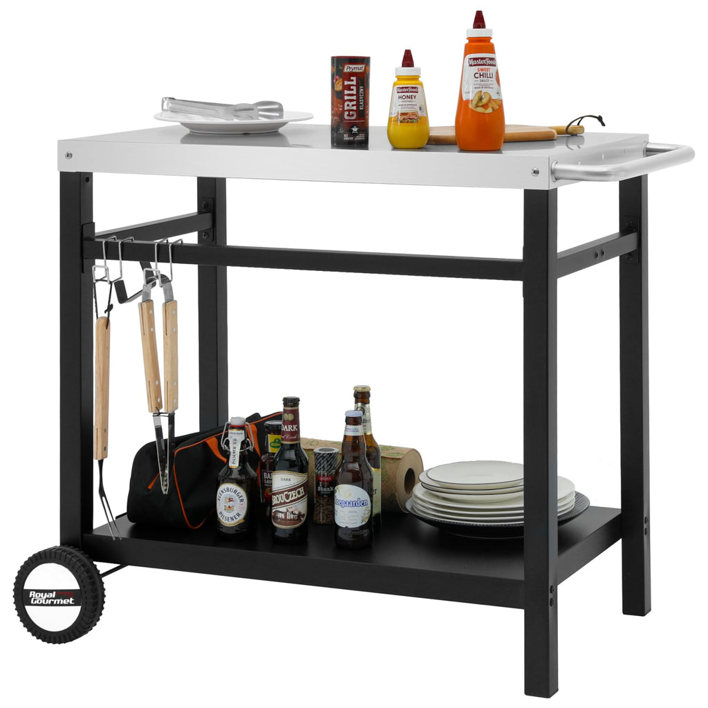 Royal Gourmet Dining Cart Table with Double-Shelf, Movable Stainless Steel Flattop Grill Cart, Hooks, Side Handle, Multifunctional PC3401B (Black)