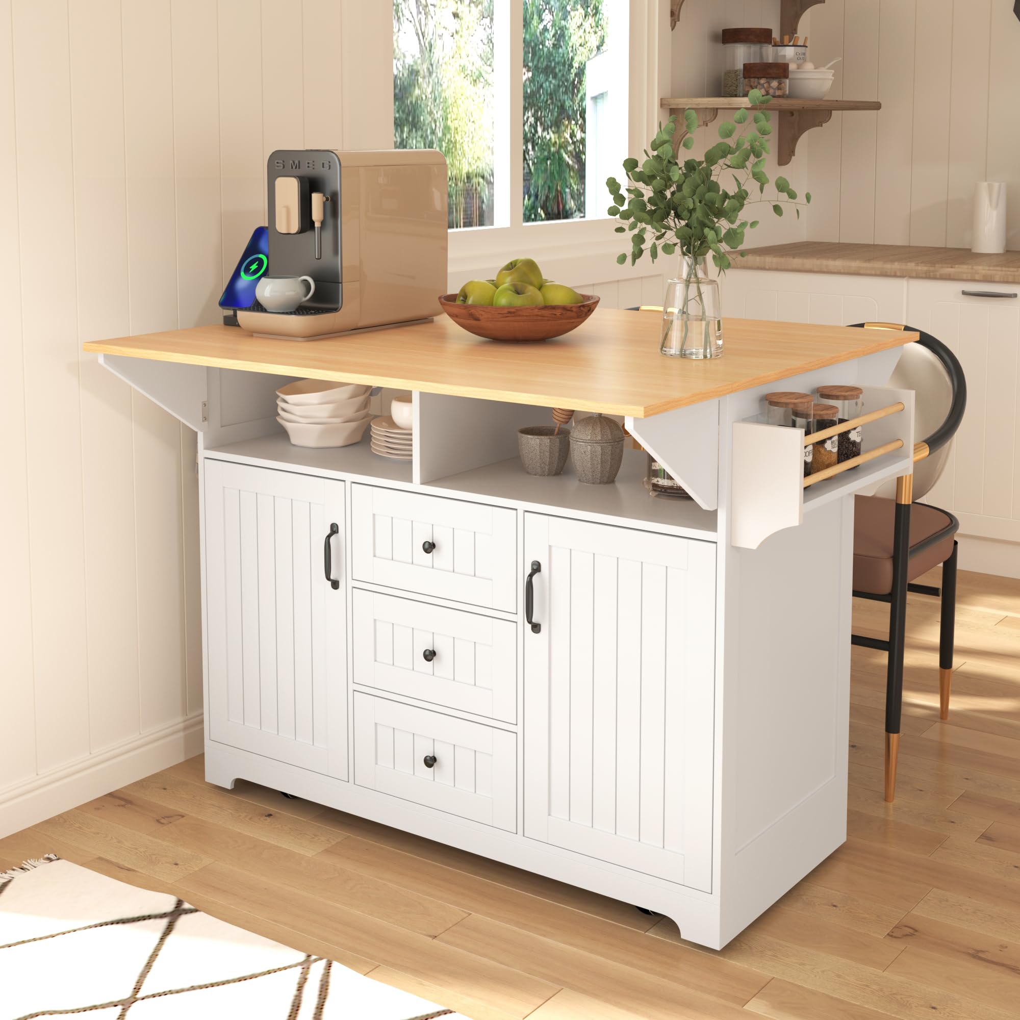 Farmhouse Outdoor Kitchen Island, Rolling Bar Cart & Storage Cabinet with Stainless Steel Top, Spice Rack, Towel Rack for Kitchen & Barbecue, Solid Wood Outdoor Grill Table (Natural)