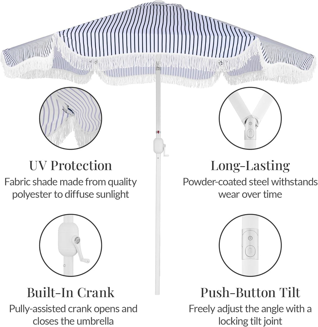 Best Choice Products 9ft Fringe Market Patio Umbrella – Outdoor Boho Tassel Sunshade for Table, Pool, Deck, Backyard – UPF50+, Easy Tilt, Heavy Duty Steel Pole & Ribs - Navy Pinstripe