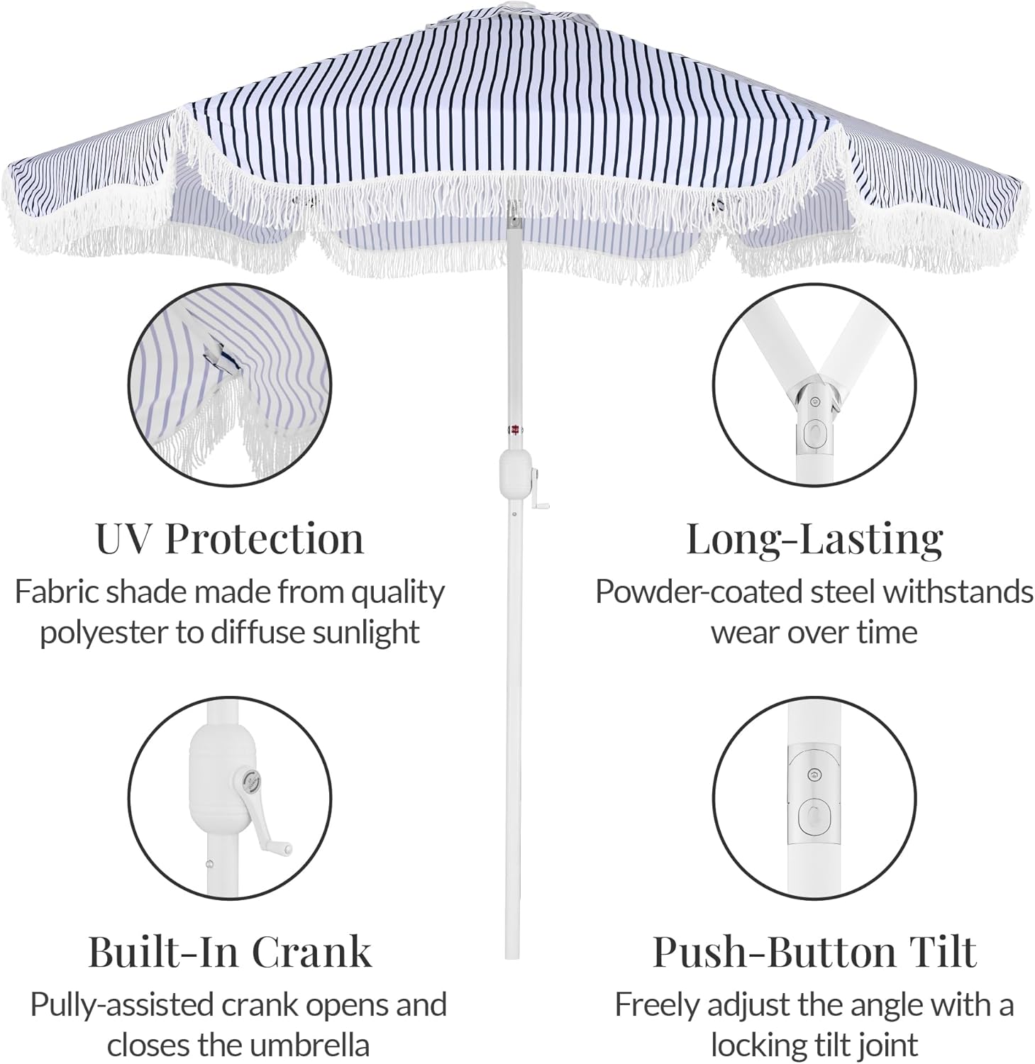 Best Choice Products 9ft Fringe Market Patio Umbrella – Outdoor Boho Tassel Sunshade for Table, Pool, Deck, Backyard – UPF50+, Easy Tilt, Heavy Duty Steel Pole & Ribs - Navy Pinstripe