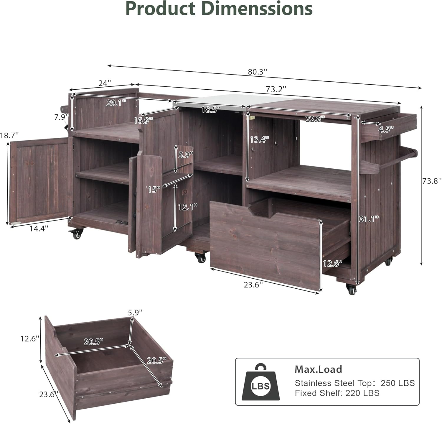 Outdoor Grill Table with Stainless Steel Top, Solid Wood Outdoor Kitchen Island with Drawer for Big Green Egg, Rolling Kitchen Cart for Blackstone Griddle (Dark Brown)