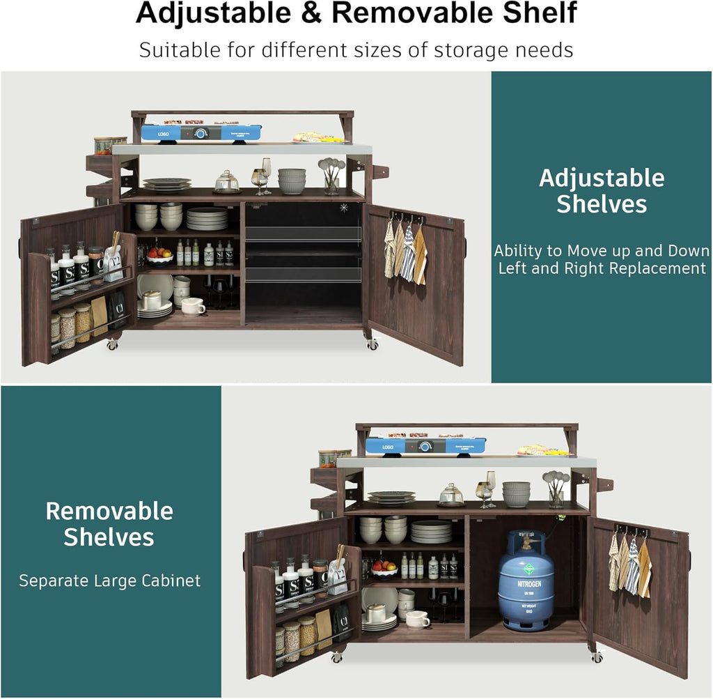 Merax 53.3" Outdoor Kitchen Island with Raised Shelf, Solid Wood Storage Cabinet with Stainless Steel Top, Rolling Grill Cart, Adjustable Shelf, Brown