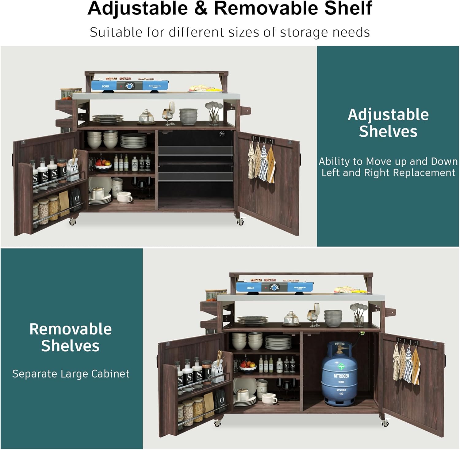 Merax 53.3" Outdoor Kitchen Island with Raised Shelf, Solid Wood Storage Cabinet with Stainless Steel Top, Rolling Grill Cart, Adjustable Shelf, Brown