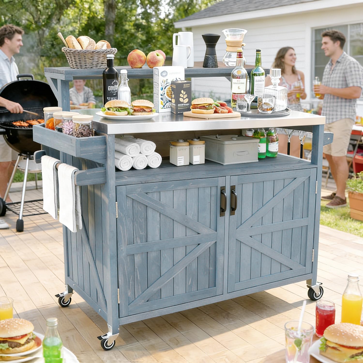 Outdoor Kitchen Island with Stainless Steel Top & Raised Shelf, Rolling Grill Cart with Spice & Towel Rack, Outdoor Island Table with Storage Cabinet & Hooks (Brown)