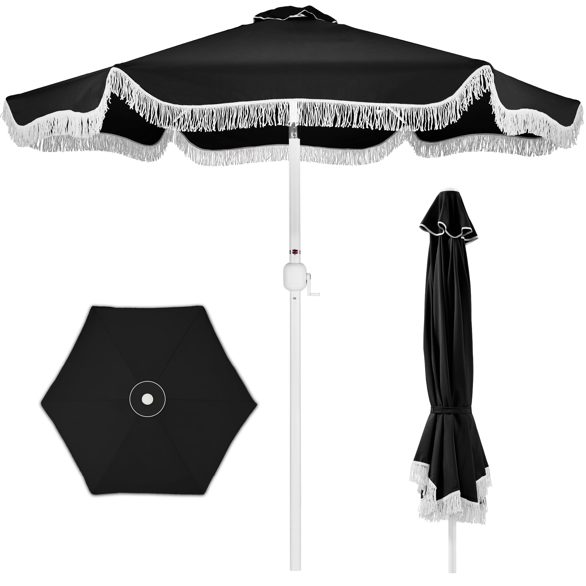 Best Choice Products 9ft Fringe Market Patio Umbrella – Outdoor Boho Tassel Sunshade for Table, Pool, Deck, Backyard – UPF50+, Easy Tilt, Heavy Duty Steel Pole & Ribs - Navy Pinstripe