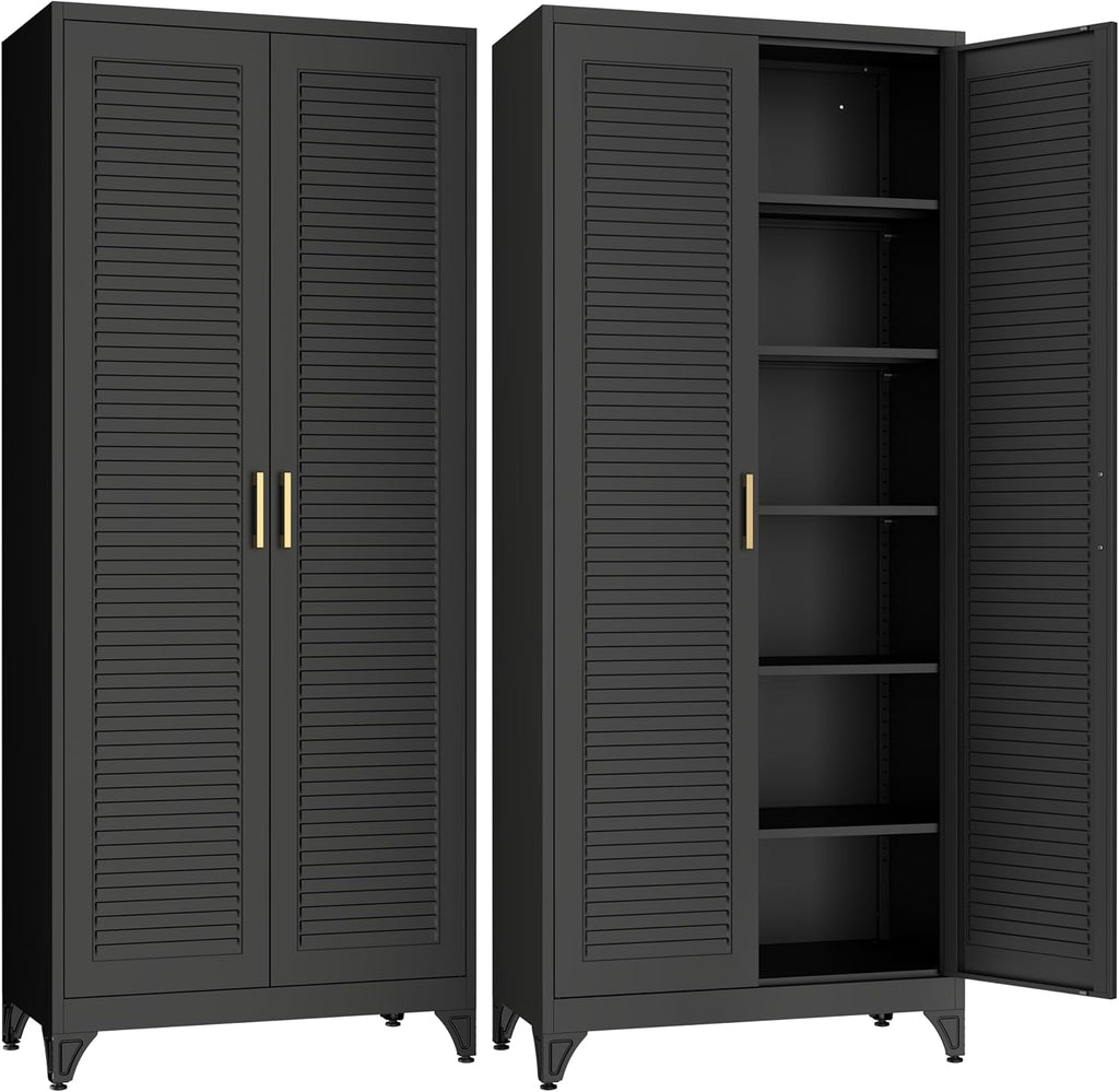 SteeLoong Kitchen Pantry Cabinet,75" Metal Storage Cabinet with Doors and 5 Adjustable Shelves,Black Tall Locker Organizer Steel Garage Cabinets for Tool,File Cabinet for Office,Kitchen,Garage,School