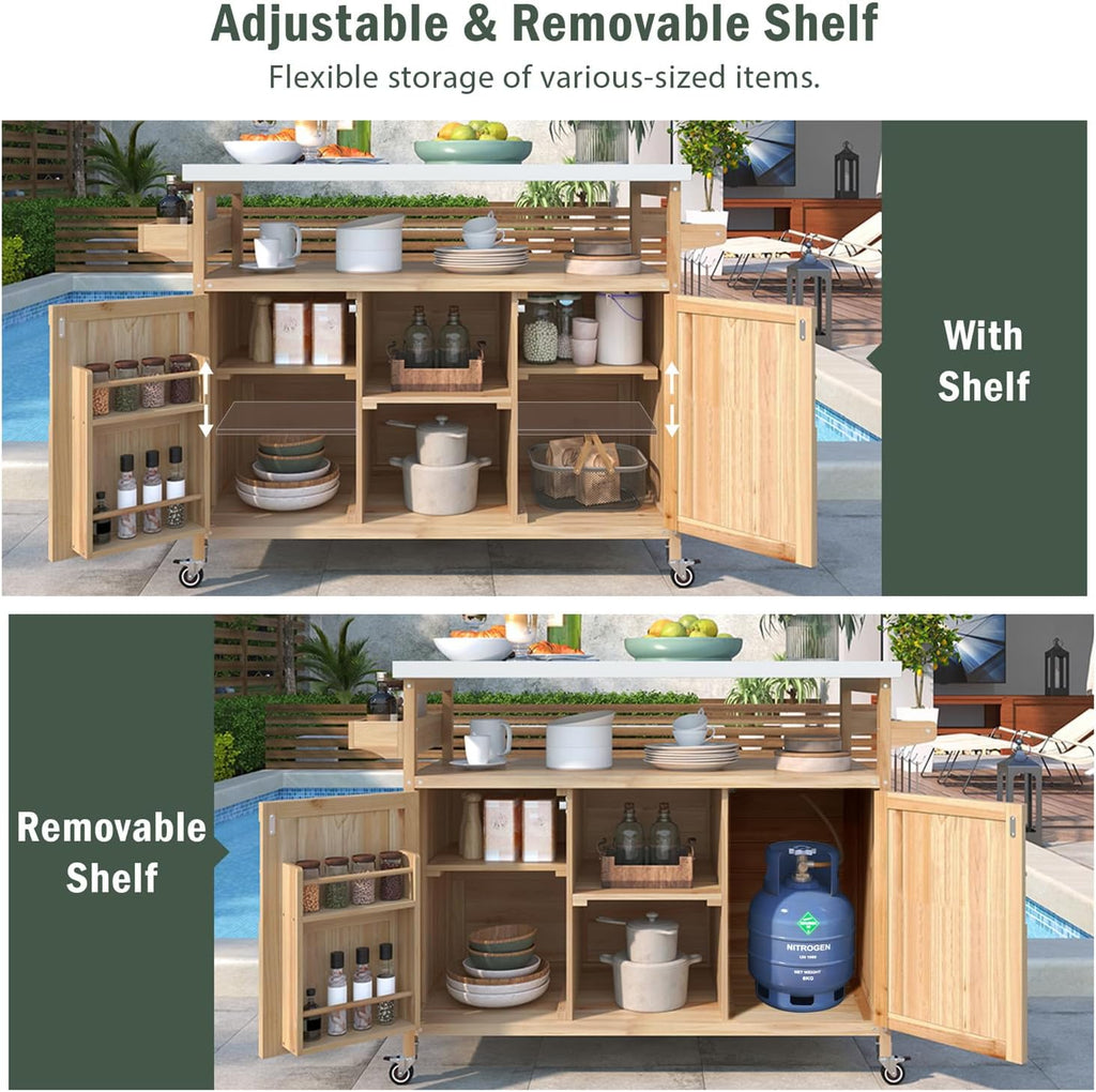 Linique Outdoor Kitchen Island, Rolling Bar Cart with Storage Cabinet, Farmhouse Solid Wood Outdoor Grill Table with Stainless Steel Top, Spice Rack, Towel Rack for Yard, Patio, Natural