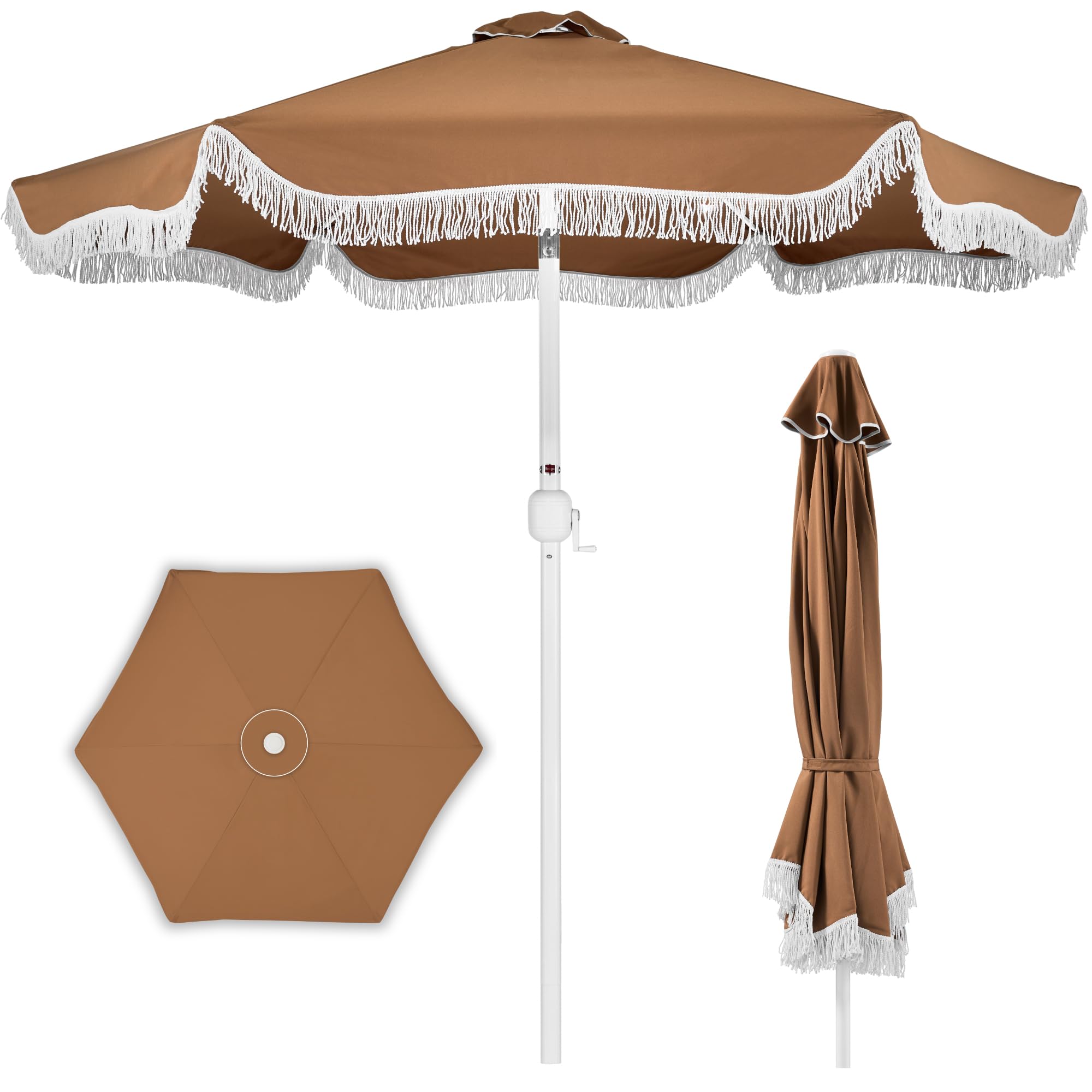 Best Choice Products 9ft Fringe Market Patio Umbrella – Outdoor Boho Tassel Sunshade for Table, Pool, Deck, Backyard – UPF50+, Easy Tilt, Heavy Duty Steel Pole & Ribs - Navy Pinstripe