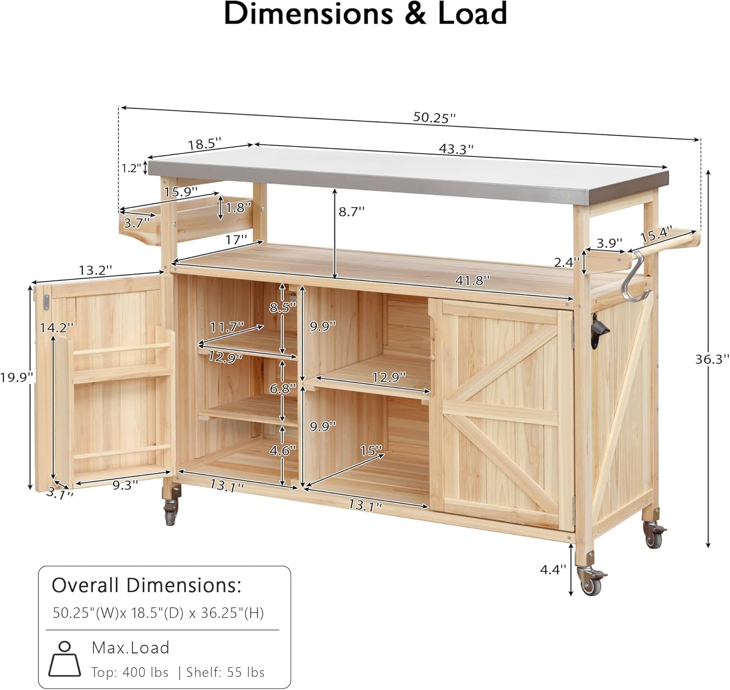Outdoor Kitchen Island, Rolling Bar Cart & Storage Cabinet, Farmhouse Solid Wood Outdoor Grill Table with Stainless Steel Top & Spice Rack & Towel Rack for Kitchen & Barbecue, Natural