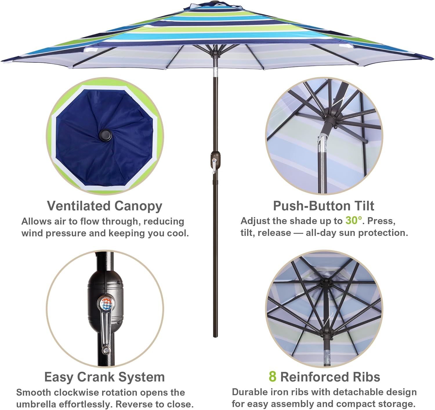 Blissun 10FT Outdoor Patio Umbrella, Outdoor Table Umbrella, Yard Umbrella, Market Umbrella with 8 Sturdy Ribs, Push Button Tilt and Crank