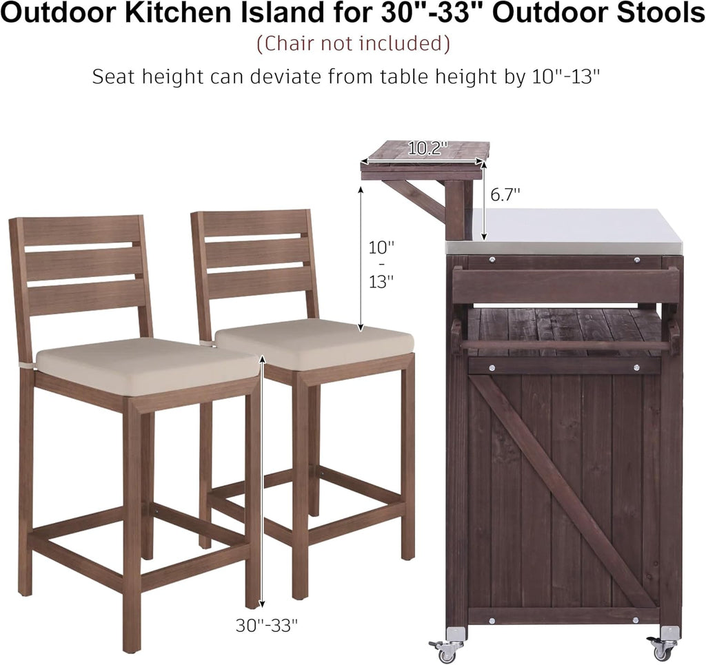 Merax 53.3" Outdoor Kitchen Island with Raised Shelf, Solid Wood Storage Cabinet with Stainless Steel Top, Rolling Grill Cart, Adjustable Shelf, Brown