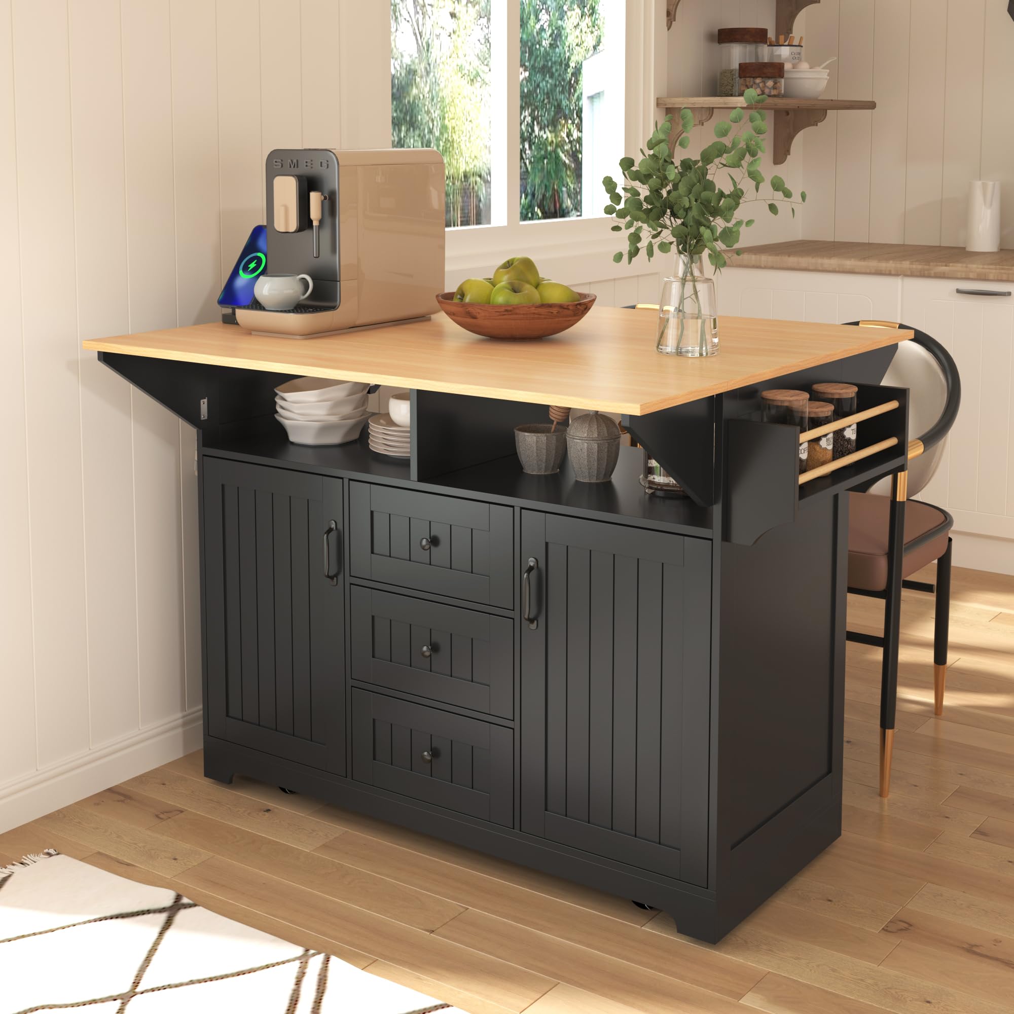 Farmhouse Outdoor Kitchen Island, Rolling Bar Cart & Storage Cabinet with Stainless Steel Top, Spice Rack, Towel Rack for Kitchen & Barbecue, Solid Wood Outdoor Grill Table (Natural)