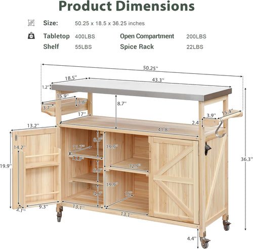 50.25" Kitchen Island Rolling Bar Cart & Storage Cabinet, Farmhouse Solid Wood Outdoor Grill Table with Stainless Steel Top and Spice, Towel Rack for BBQ,Natural